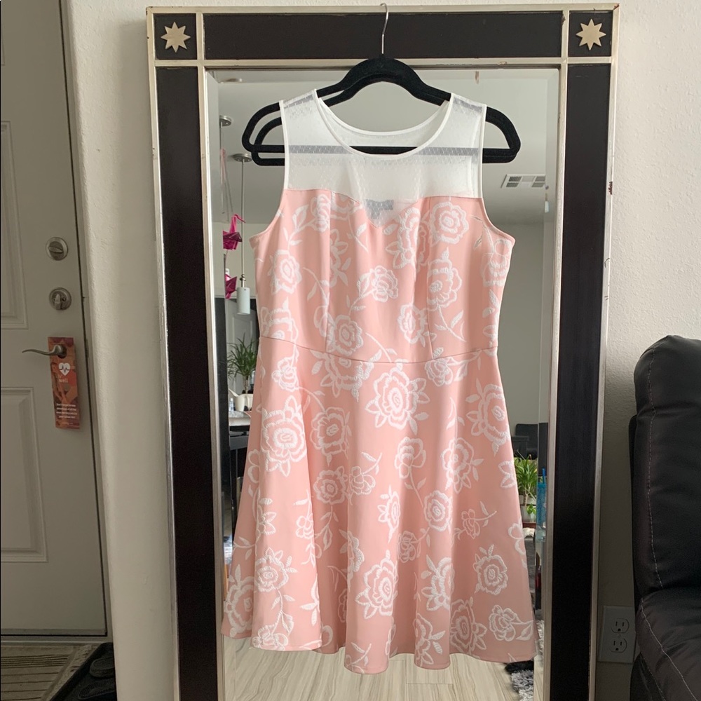 A pink sweetheart, mesh neckline, A-line dress